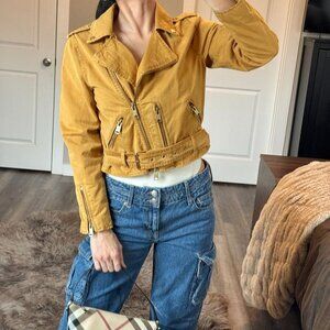 AllSaints Cropped Moto Jacket Y2K Mustard Yellow Biker Belted Motorcycle Baddie
